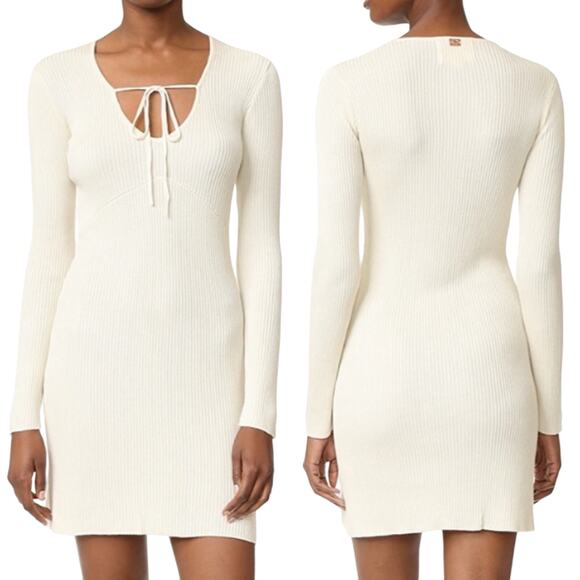 For Love & Lemons Knitz Delancey Mini Sweater Dress Ribbed Tie Neck Cream XS - Picture 2 of 13
